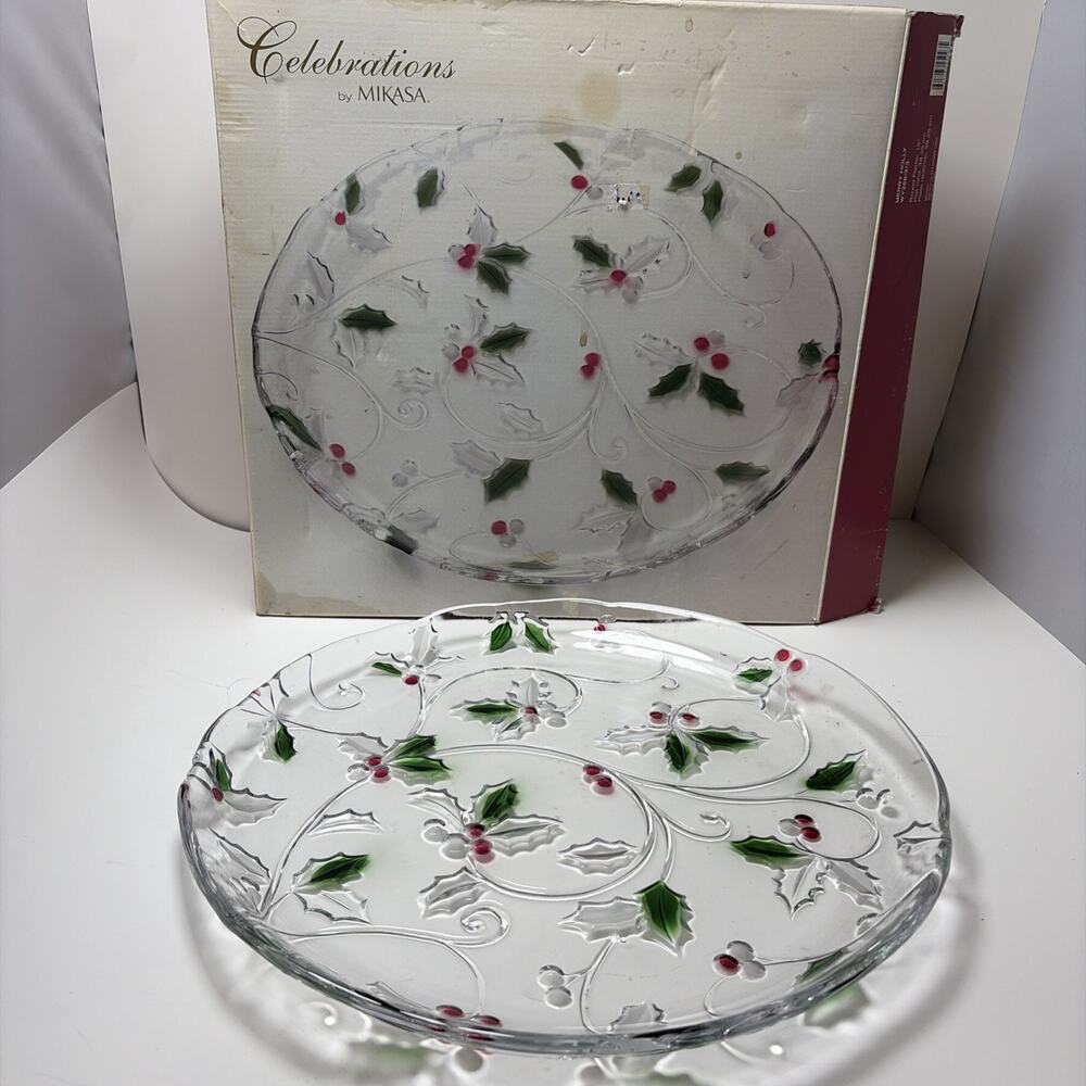 Glass Round Serving Tray 15 x 15 Winter Christmas Hollies Bagels Cookies & More